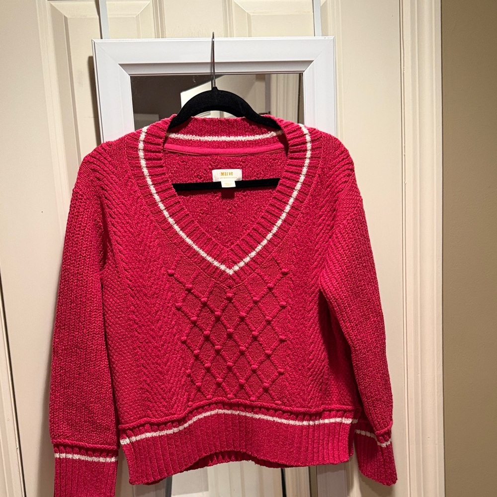 Anthropologie Maeve Pink V-Neck Sweater with White Trim